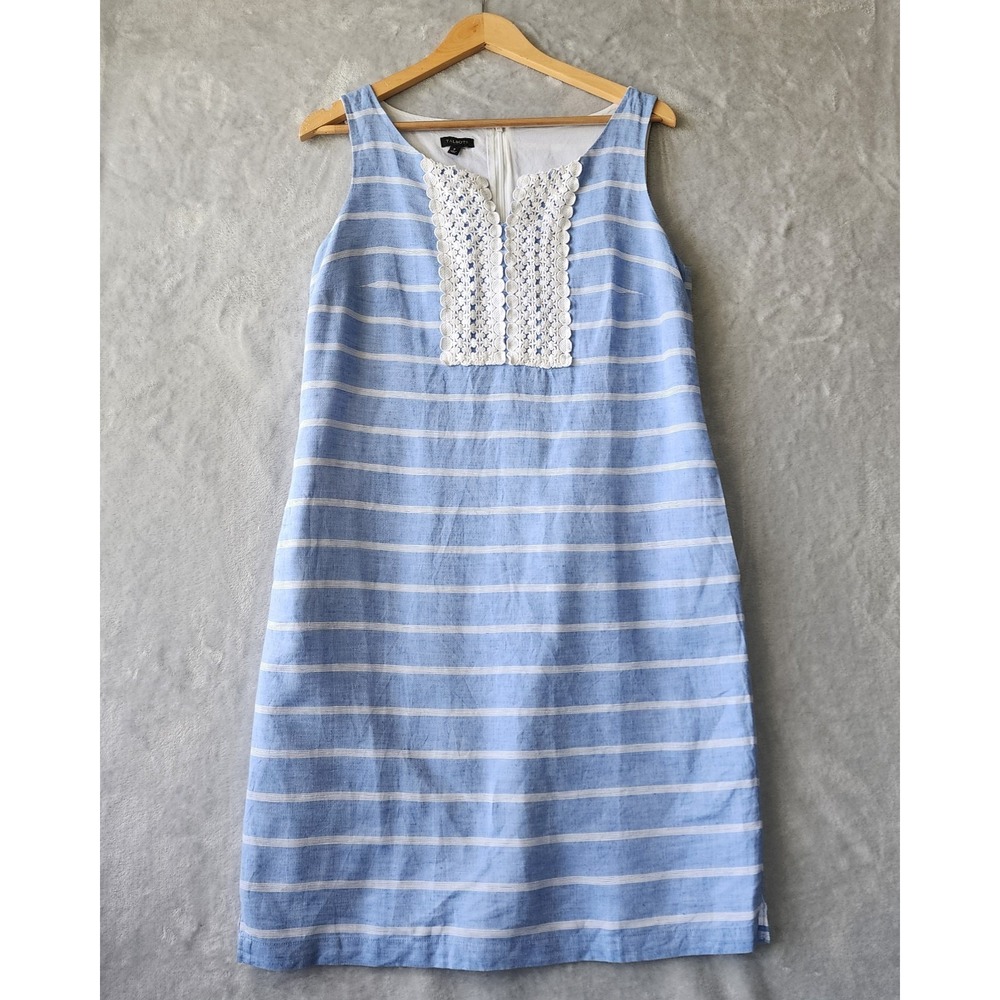 Talbots Dress Womens Size 8 Linen Cotton Blend Blue White Crochet Lace Pockets